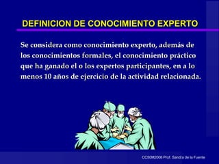CC50M2006 Prof. Sandra de la Fuente
DEFINICION DE CONOCIMIENTO EXPERTO
Se considera como conocimiento experto, además de
los conocimientos formales, el conocimiento práctico
que ha ganado el o los expertos participantes, en a lo
menos 10 años de ejercicio de la actividad relacionada.
 