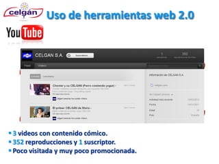 Uso de herramientas web 2.0




 3 videos con contenido cómico.
 352 reproducciones y 1 suscriptor.
 Poco visitada y muy poco promocionada.
 