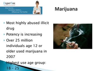 Most highly abused illicit drug Potency is increasing Over 25 million individuals age 12 or older used marijuana in 2007 Highest use age group:  18 – 25 