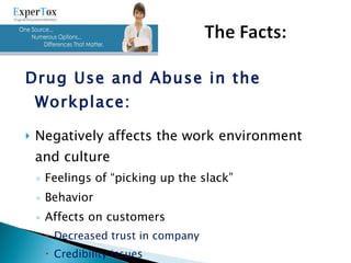 Drug Use and Abuse in the Workplace: Negatively affects the work environment and culture Feelings of “picking up the slack” Behavior Affects on customers Decreased trust in company Credibility issues Increased employee turnover 