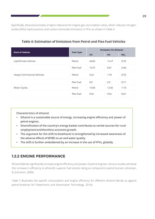 Characteristics of ethanol:
•	 Ethanol is a sustainable source of energy, increasing engine efficiency and	power of 	
	 petrol engines.
•	 Diversification of the country’s energy basket contributes to varied sources for rural 	
	 employmentandtherefore,economicgrowth.
•	 The argument for the shift to bioethanol is strengthened by increased awareness of 	
	 the adverse effects of MTBE on air and water quality.
•	 The shift is further emboldened by an increase in the use of FFVs, globally.
29
Kind of Vehicle Fuel Type
Emission (%) Ethanol
CO HC NOX
Light/Private Vehicles Petrol 46.65 14.47 5.72
Flex Fuel 13.27 6.81 2.46
Heavy/ Commercial Vehicles Petrol 5.42 1.76 0.72
Flex Fuel 0.6 0.3 0.11
Motor Cycles Petrol 15.56 12.92 1.15
Flex Fuel 0.04 0.04 0.01
Specifically, ethanol promotes a higher tolerance for engine gas recirculation ratios, which reduces nitrogen
oxides (NOx), hydrocarbons and carbon monoxide emissions in FFVs as shown in Table 4.
Table 4: Estimation of Emissions from Petrol and Flex-Fuel Vehicles
1.2.2 ENGINE PERFORMANCE
Ethanol blends significantly increase engine efficiency and power of petrol engines. Various studies attribute
this increase in efficiency to ethanol’s superior fuel octane rating as compared to petrol (Larsen, Johansen,
& Schramm, 2009).
Table 5 illustrates the specific consumption and engine efficiency for different ethanol blends as against
petrol (Institute for Powertrains and Automotive Technology, 2014).
 