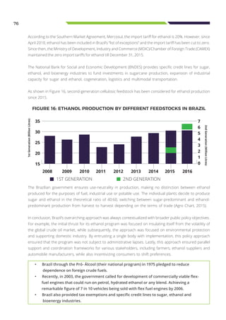 76
According to the Southern Market Agreement, Mercosul, the import tariff for ethanol is 20%. However, since
April 2010, ethanol has been included in Brazil’s “list of exceptions” and the import tariff has been cut to zero.
Since then, the Ministry of Development, Industry and Commerce (MDIC)/Chamber of Foreign Trade (CAMEX)
maintained the zero import tariffs for ethanol till December 31, 2015.
The National Bank for Social and Economic Development (BNDES) provides specific credit lines for sugar,
ethanol, and bioenergy industries to fund investments in sugarcane production, expansion of industrial
capacity for sugar and ethanol, cogeneration, logistics and multimodal transportation.
As shown in Figure 16, second-generation cellulosic feedstock has been considered for ethanol production
since 2015.
FIGURE 16: ETHANOL PRODUCTION BY DIFFERENT FEEDSTOCKS IN BRAZIL
The Brazilian government ensures use-neutrality in production, making no distinction between ethanol
produced for the purposes of fuel, industrial use or potable use. The individual plants decide to produce
sugar and ethanol in the theoretical ratio of 40:60, switching between sugar-predominant and ethanol-
predominant production from harvest to harvest depending on the terms of trade (Agro Chart, 2015).
In conclusion, Brazil’s overarching approach was always contextualized with broader public policy objectives.
For example, the initial thrust for its ethanol program was focused on insulating itself from the volatility of
the global crude oil market, while subsequently, the approach was focused on environmental protection
and supporting domestic industry. By entrusting a single body with implementation, this policy approach
ensured that the program was not subject to administrative lapses. Lastly, this approach ensured parallel
support and coordination frameworks for various stakeholders, including farmers, ethanol suppliers and
automobile manufacturers, while also incentivizing consumers to shift preferences.
1ST GENERATION 2ND GENERATION
35
30
25
20
15
2008 2009 2010 2011 2012 2013 2014 2015 2016
7
6
5
4
3
2
1
0
1stGeneration(BillionLitres)
2ndGeneration(MillionLitres)
•	 Brazil through the Pró- Álcool (their national program) in 1975 pledged to reduce
dependence on foreign crude fuels.
•	 Recently, in 2003, the government called for development of commercially viable flex-
fuel engines that could run on petrol, hydrated ethanol or any blend. Achieving a
remarkable figure of 7 in 10 vehicles being sold with flex fuel engines by 2006.
•	 Brazil also provided tax exemptions and specific credit lines to sugar, ethanol and
bioenergy industries.
 