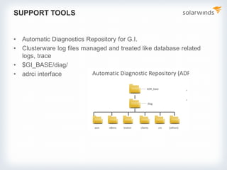 SUPPORT TOOLS
• Automatic Diagnostics Repository for G.I.
• Clusterware log files managed and treated like database related
logs, trace
• $GI_BASE/diag/
• adrci interface
 
