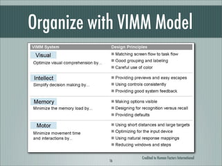 Organize with VIMM Model




                Credited to Human Factors International
           16
 