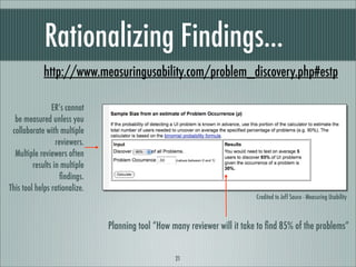 Rationalizing Findings...
             http://www.measuringusability.com/problem_discovery.php#estp

                ER’s ...