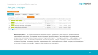 12
Наша страсть – качественный емейл-маркетинг
Автореспондеры — это сообщения, время отправки которых привязано к дате подписки (дате попадания
емейла в лист рассылки). С помощью автореспондеров удобно создавать цепочки приветственных писем:
отправлять, например, первое письмо в момент подписки, второе — через день, третье — через два дня после
подписки и так далее. Вы можете настраивать несколько цепочек, каждая из которых может заканчиваться
целевым событием, например: покупкой, посещением сайта, ответом на опрос. Также, этот вид сообщений часто
используется маркетологами для создания реактивационных сценариев.
Автореспондеры
 