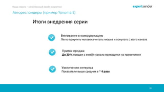 16
Наша страсть – качественный емейл-маркетинг
Автореспондеры (пример Yonomart)
 