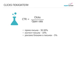 CLICKS ПОКАЗАТЕЛИ



                       Clicks
                    __________
              CTR =
                     Open rate


               • промо-письма - 30-50%
               • контент-письма - 10%
               • реклама блоками в письмах - 5%

          Заработано   Заработано
           22 руб.      27 руб.
 