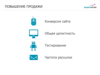 ПОВЫШЕНИЕ ПРОДАЖИ



                    Конверсия сайта


                    Общая целостность


                    Тестирование


                    Частота рассылок
 