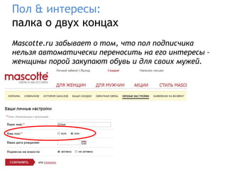 Пол & интересы:
палка о двух концах
Mascotte.ru забывает о том, что пол подписчика
нельзя автоматически переносить на его интересы –
женщины порой закупают обувь и для своих мужей.
 