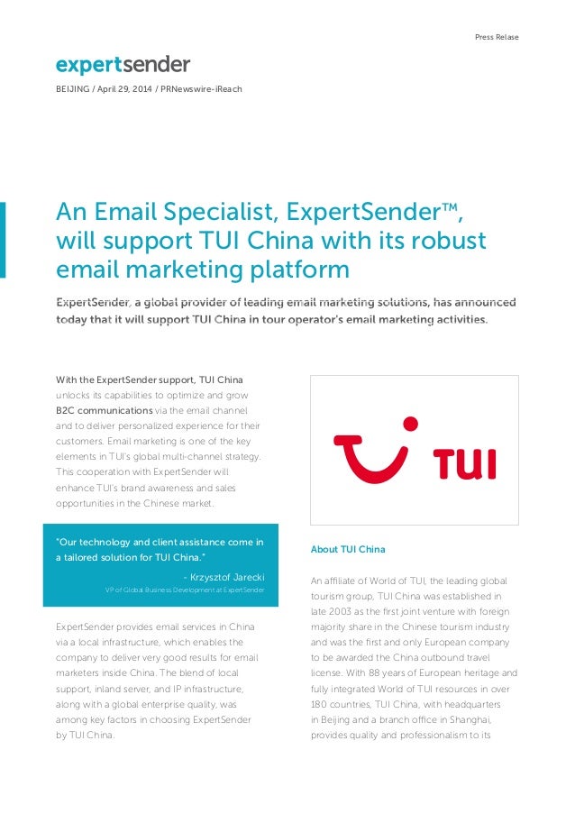 ExpertSender will support TUI China with its email marketing platform.