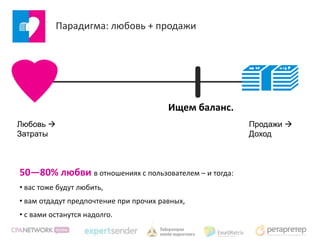 Парадигма: любовь + продажи




                                        Ищем баланс.
Любовь                                                Продажи 
Затраты                                                Доход



50—80% любви в отношениях с пользователем – и тогда:
• вас тоже будут любить,
• вам отдадут предпочтение при прочих равных,
• с вами останутся надолго.
 