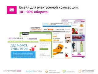 Емейл для электронной коммерции:
10—90% оборота.
 