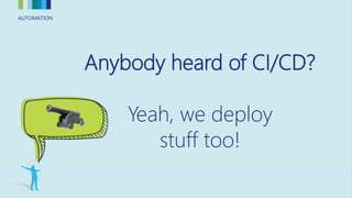 AUTOMATIONAUTOMATION
Anybody heard of CI/CD?
Yeah, we deploy
stuff too!
 