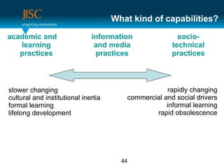 What kind of capabilities?

academic and                  information               socio-
   learning                    and media              technical
   practices                   practices              practices



slower changing                                     rapidly changing
cultural and institutional inertia      commercial and social drivers
formal learning                                     informal learning
lifelong development                            rapid obsolescence




                                       44
 