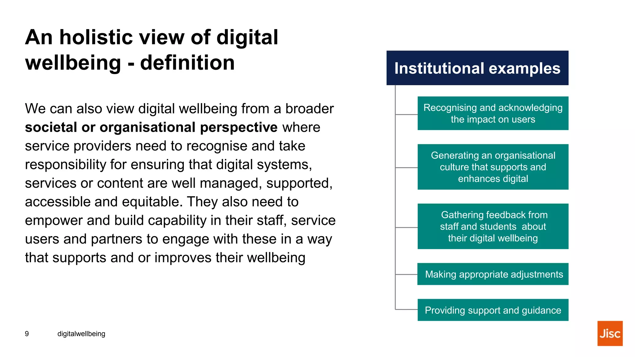 An holistic view of digital
wellbeing - definition
digitalwellbeing9
We can also view digital wellbeing from a broader
societal or organisational perspective where
service providers need to recognise and take
responsibility for ensuring that digital systems,
services or content are well managed, supported,
accessible and equitable. They also need to
empower and build capability in their staff, service
users and partners to engage with these in a way
that supports and or improves their wellbeing
Institutional examples
Recognising and acknowledging
the impact on users
Generating an organisational
culture that supports and
enhances digital
Gathering feedback from
staff and students about
their digital wellbeing
Making appropriate adjustments
Providing support and guidance
 