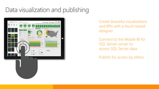 Data visualization and publishing
Create beautiful visualizations
and KPIs with a touch-based
designer
Connect to the Mobile BI for
SQL Server server to
access SQL Server data
Publish for access by others
 