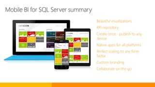 Mobile BI for SQL Server summary
Beautiful visualizations
KPI repository
Create once - publish to any
device
Native apps for all platforms
Perfect scaling to any form
factor
Custom branding
Collaborate on the go
 