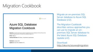 Migration Cookbook
Migrate an on-premises SQL
Server database to Azure SQL
Database (v12).
The Migration Cookbook
describes various approaches you
can use to migrate an on-
premises SQL Server database to
the latest Azure SQL Database
Update (v12).
Download:
http://aka.ms/azuresqlmigration
 