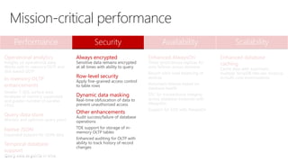 Performance Security Availability Scalability
Operational analytics
Insights on operational data;
Works with in-memory OLTP and
disk-based OLTP
In-memory OLTP
enhancements
Greater T-SQL surface area,
terabytes of memory supported,
and greater number of parallel
CPUs
Query data store
Monitor and optimize query plans
Native JSON
Expanded support for JSON data
Temporal database
support
Query data as points in time
Always encrypted
Sensitive data remains encrypted
at all times with ability to query
Row-level security
Apply fine-grained access control
to table rows
Dynamic data masking
Real-time obfuscation of data to
prevent unauthorized access
Other enhancements
Audit success/failure of database
operations
TDE support for storage of in-
memory OLTP tables
Enhanced auditing for OLTP with
ability to track history of record
changes
Enhanced AlwaysOn
Three synchronous replicas for
auto failover across domains
Round robin load balancing of
replicas
Automatic failover based on
database health
DTC for transactional integrity
across database instances with
AlwaysOn
Support for SSIS with AlwaysOn
Enhanced database
caching
Cache data with automatic,
multiple TempDB files per instance
in multi-core environments
Mission-critical performance
 