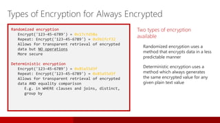 Randomized encryption
Encrypt('123-45-6789') = 0x17cfd50a
Repeat: Encrypt('123-45-6789') = 0x9b1fcf32
Allows for transparent retrieval of encrypted
data but NO operations
More secure
Deterministic encryption
Encrypt('123-45-6789') = 0x85a55d3f
Repeat: Encrypt('123-45-6789') = 0x85a55d3f
Allows for transparent retrieval of encrypted
data AND equality comparison
E.g. in WHERE clauses and joins, distinct,
group by
Two types of encryption
available
Randomized encryption uses a
method that encrypts data in a less
predictable manner
Deterministic encryption uses a
method which always generates
the same encrypted value for any
given plain text value
Types of Encryption for Always Encrypted
 