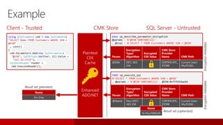Param
Encryption
Type/
Algorithm
Encrypted
CEK Value
CMK Store
Provider
Name CMK Path
@Name Non-DET/
AES 256
CERTIFICATE_
STORE
Current User/
My/f2260…
EXEC sp_execute_sql
N'SELECT * FROM Customers WHERE SSN = @SSN'
, @params = N'@SSN VARCHAR(11)', @SSN=0x7ff654ae6d
Param
Encryption
Type/
Algorithm
Encrypted
CEK Value
CMK Store
Provider
Name CMK Path
@SSN DET/ AES
256
CERTIFICATE_
STORE
Current User/
My/f2260…
Enhanced
ADO.NET
Plaintext
CEK
Cache
exec sp_describe_parameter_encryption
@params = N'@SSN VARCHAR(11)'
, @tsql = N'SELECT * FROM Customers WHERE SSN = @SSN'
Result set (ciphertext)
Name
Jim Gray
Result set (plaintext)
using (SqlCommand cmd = new SqlCommand(
"SELECT Name FROM Customers WHERE SSN =
@SSN“
, conn))
{
cmd.Parameters.Add(new SqlParameter(
"@SSN", SqlDbType.VarChar, 11).Value =
"111-22-3333");
SqlDataReader reader =
cmd.ExecuteReader();
Client - Trusted SQL Server - Untrusted
Encryptionmetadata
Name
0x19ca706fbd9
Encryptionmetadata
CMK Store
Example
 