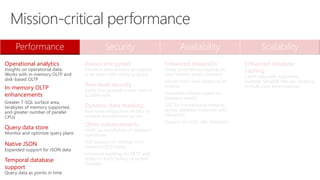 Performance Security Availability Scalability
Operational analytics
Insights on operational data;
Works with in-memory OLTP and
disk-based OLTP
In-memory OLTP
enhancements
Greater T-SQL surface area,
terabytes of memory supported,
and greater number of parallel
CPUs
Query data store
Monitor and optimize query plans
Native JSON
Expanded support for JSON data
Temporal database
support
Query data as points in time
Always encrypted
Sensitive data remains encrypted
at all times with ability to query
Row-level security
Apply fine-grained access control
to table rows
Dynamic data masking
Real-time obfuscation of data to
prevent unauthorized access
Other enhancements
Audit success/failure of database
operations
TDE support for storage of in-
memory OLTP tables
Enhanced auditing for OLTP with
ability to track history of record
changes
Enhanced AlwaysOn
Three synchronous replicas for
auto failover across domains
Round robin load balancing of
replicas
Automatic failover based on
database health
DTC for transactional integrity
across database instances with
AlwaysOn
Support for SSIS with AlwaysOn
Enhanced database
caching
Cache data with automatic,
multiple TempDB files per instance
in multi-core environments
Mission-critical performance
 