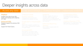 Access any data Scale and manage Powerful Insights Advanced analytics
PolyBase
Insights from data across SQL
Server and Hadoop with simplicity
of T-SQL
Enhanced SSIS
Designer support for previous SSIS
versions
Support for Power Query
Enterprise-grade
Analysis Services
Enhanced performance and
scalability for analysis services
Single SSDT in Visual Studio
2015
Build richer analytics solutions as
part of your development projects
in Visual Studio
Enhanced MDS
Excel add-in 15x faster; more
granular security roles; archival
options for transaction logs; and
reuse entities across models
Mobile BI
Business insights for your on-
premises data through rich
visualization on mobile devices
with native apps for Windows, iOS
and Android
Enhanced Reporting
Services
New modern reports with rich
visualizations
R integration (CTP3)
Bringing predictive analytic
capabilities to your relational
database
Analytics libraries (CTP3)
Expand your “R” script library with
Microsoft Azure Marketplace
Deeper insights across data
 