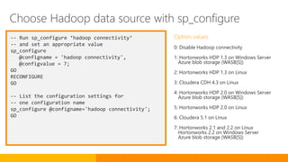 -- Run sp_configure ‘hadoop connectivity’
-- and set an appropriate value
sp_configure
@configname = 'hadoop connectivity',
@configvalue = 7;
GO
RECONFIGURE
GO
-- List the configuration settings for
-- one configuration name
sp_configure @configname='hadoop connectivity';
GO
Option values
0: Disable Hadoop connectivity
1: Hortonworks HDP 1.3 on Windows Server
Azure blob storage (WASB[S])
2: Hortonworks HDP 1.3 on Linux
3: Cloudera CDH 4.3 on Linux
4: Hortonworks HDP 2.0 on Windows Server
Azure blob storage (WASB[S])
5: Hortonworks HDP 2.0 on Linux
6: Cloudera 5.1 on Linux
7: Hortonworks 2.1 and 2.2 on Linux
Hortonworks 2.2 on Windows Server
Azure blob storage (WASB[S])
Choose Hadoop data source with sp_configure
 