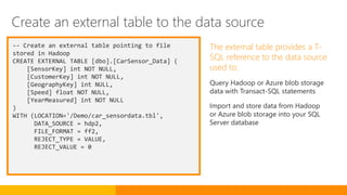 -- Create an external table pointing to file
stored in Hadoop
CREATE EXTERNAL TABLE [dbo].[CarSensor_Data] (
[SensorKey] int NOT NULL,
[CustomerKey] int NOT NULL,
[GeographyKey] int NULL,
[Speed] float NOT NULL,
[YearMeasured] int NOT NULL
)
WITH (LOCATION='/Demo/car_sensordata.tbl',
DATA_SOURCE = hdp2,
FILE_FORMAT = ff2,
REJECT_TYPE = VALUE,
REJECT_VALUE = 0
The external table provides a T-
SQL reference to the data source
used to:
Query Hadoop or Azure blob storage
data with Transact-SQL statements
Import and store data from Hadoop
or Azure blob storage into your SQL
Server database
Create an external table to the data source
 