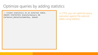 -- Create statistics on an external table.
CREATE STATISTICS StatsForSensors ON
CarSensor_Data(CustomerKey, Speed)
In CTP2, you can optimize query
execution against the external
tables using statistics
Optimize queries by adding statistics
 
