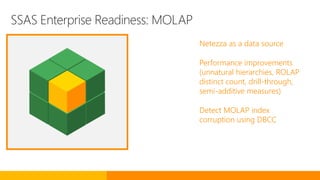 SSAS Enterprise Readiness: MOLAP
Netezza as a data source
Performance improvements
(unnatural hierarchies, ROLAP
distinct count, drill-through,
semi-additive measures)
Detect MOLAP index
corruption using DBCC
 