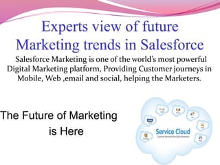 Salesforce Marketing is one of the world’s most powerful
Digital Marketing platform, Providing Customer journeys in
Mobile, Web ,email and social, helping the Marketers.
The Future of Marketing
is Here
 