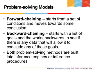 Problem-solving Models
• Forward-chaining – starts from a set of
conditions and moves towards some
conclusion
• Backward-chaining – starts with a list of
goals and the works backwards to see if
there is any data that will allow it to
conclude any of these goals.
• Both problem-solving methods are built
into inference engines or inference
procedures
BITS Pilani, Deemed to be University under Section 3 of UGC Act, 1956

 