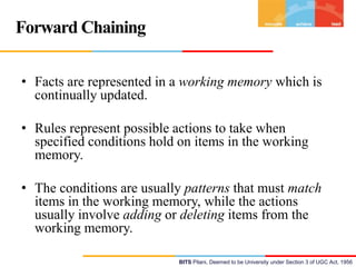 Forward Chaining
• Facts are represented in a working memory which is
continually updated.
• Rules represent possible actions to take when
specified conditions hold on items in the working
memory.
• The conditions are usually patterns that must match
items in the working memory, while the actions
usually involve adding or deleting items from the
working memory.
BITS Pilani, Deemed to be University under Section 3 of UGC Act, 1956

 
