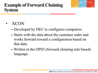 Example of Forward Chaining
System
•

XCON
– Developed by DEC to configures computers.
– Starts with the data about the customer order and
works forward toward a configuration based on
that data.
– Written in the OPS5 (forward chaining rule based)
language.

BITS Pilani, Deemed to be University under Section 3 of UGC Act, 1956

 