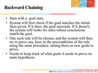 Backward Chaining
• Start with a goal state
• System will first check if the goal matches the initial
facts given. If it does, the goal succeeds. If it doesn't,
the system will looks for rules whose conclusions
match the goal.
• One such rule will be chosen, and the system will then
try to prove any facts in the preconditions of the rule
using the same procedure, setting these as new goals to
prove.
• Needs to keep track of what goals it needs to prove its
main hypothesis.

BITS Pilani, Deemed to be University under Section 3 of UGC Act, 1956

 