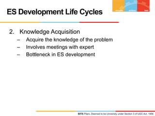 ES Development Life Cycles
2. Knowledge Acquisition
–
–
–

Acquire the knowledge of the problem
Involves meetings with expert
Bottleneck in ES development

BITS Pilani, Deemed to be University under Section 3 of UGC Act, 1956

 