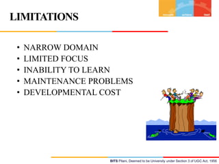 LIMITATIONS
•
•
•
•
•

NARROW DOMAIN
LIMITED FOCUS
INABILITY TO LEARN
MAINTENANCE PROBLEMS
DEVELOPMENTAL COST

BITS Pilani, Deemed to be University under Section 3 of UGC Act, 1956

 
