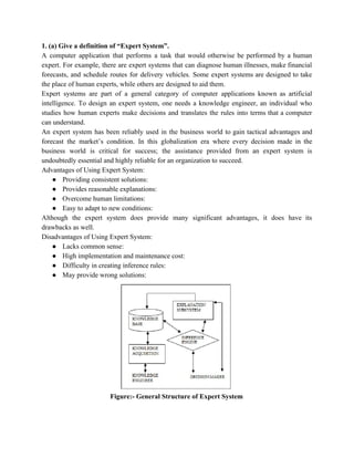 1. (a) Give a definition of “Expert System”.
A computer application that performs a task that would otherwise be performed by a human
expert. For example, there are expert systems that can diagnose human illnesses, make financial
forecasts, and schedule routes for delivery vehicles. Some expert systems are designed to take
the place of human experts, while others are designed to aid them.
Expert systems are part of a general category of computer applications known as artificial
intelligence. To design an expert system, one needs a knowledge engineer, an individual who
studies how human experts make decisions and translates the rules into terms that a computer
can understand.
An expert system has been reliably used in the business world to gain tactical advantages and
forecast the market’s condition. In this globalization era where every decision made in the
business world is critical for success; the assistance provided from an expert system is
undoubtedly essential and highly reliable for an organization to succeed.
Advantages of Using Expert System:
● Providing consistent solutions:
● Provides reasonable explanations:
● Overcome human limitations:
● Easy to adapt to new conditions:
Although the expert system does provide many significant advantages, it does have its
drawbacks as well.
Disadvantages of Using Expert System:
● Lacks common sense:
● High implementation and maintenance cost:
● Difficulty in creating inference rules:
● May provide wrong solutions:
Figure:- General Structure of Expert System
 