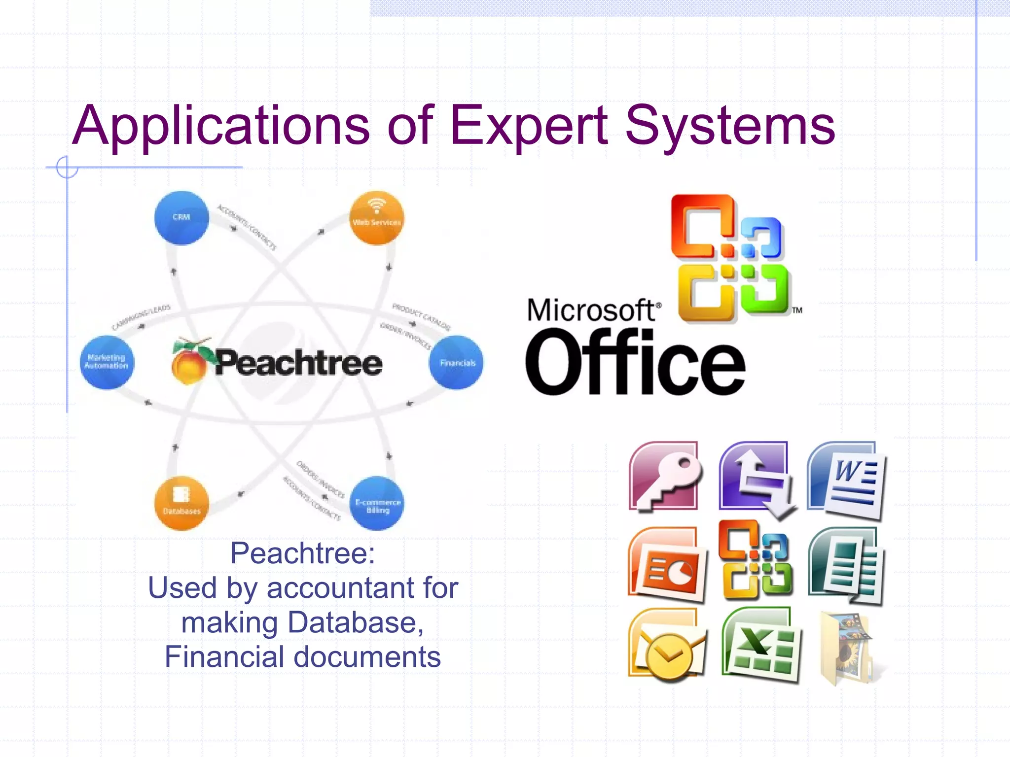 Applications of Expert Systems

Peachtree:
Used by accountant for
making Database,
Financial documents

 