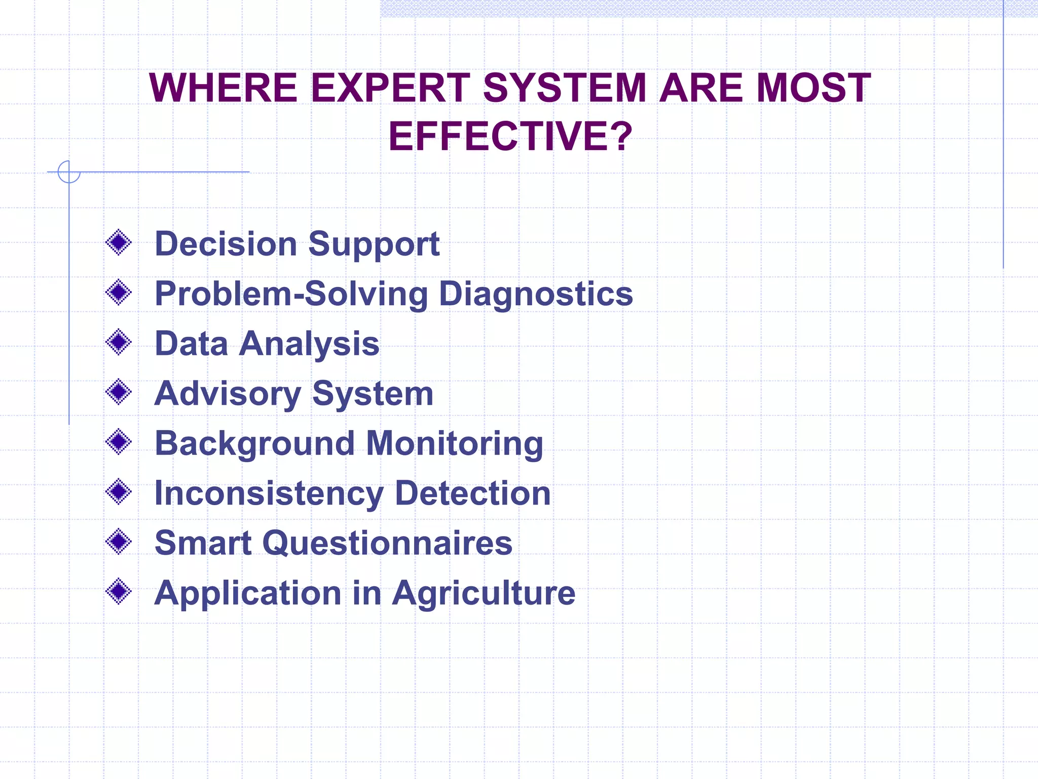 WHERE EXPERT SYSTEM ARE MOST 
EFFECTIVE? 
Decision Support 
Problem-Solving Diagnostics 
Data Analysis 
Advisory System 
Background Monitoring 
Inconsistency Detection 
Smart Questionnaires 
Application in Agriculture 
 