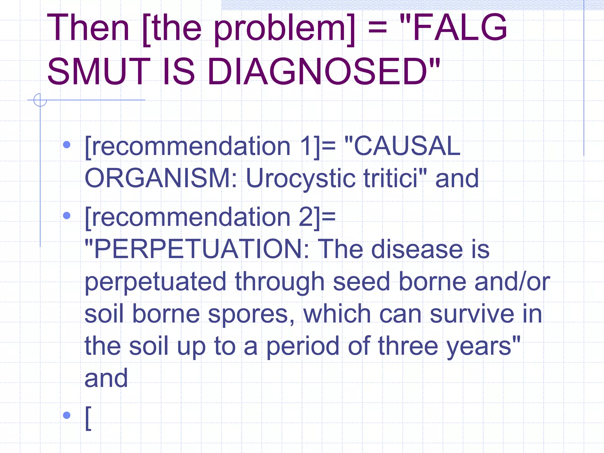 Then [the problem] = "FALG 
SMUT IS DIAGNOSED" 
• [recommendation 1]= "CAUSAL 
ORGANISM: Urocystic tritici" and 
• [recommendation 2]= 
"PERPETUATION: The disease is 
perpetuated through seed borne and/or 
soil borne spores, which can survive in 
the soil up to a period of three years" 
and 
• [ 
 