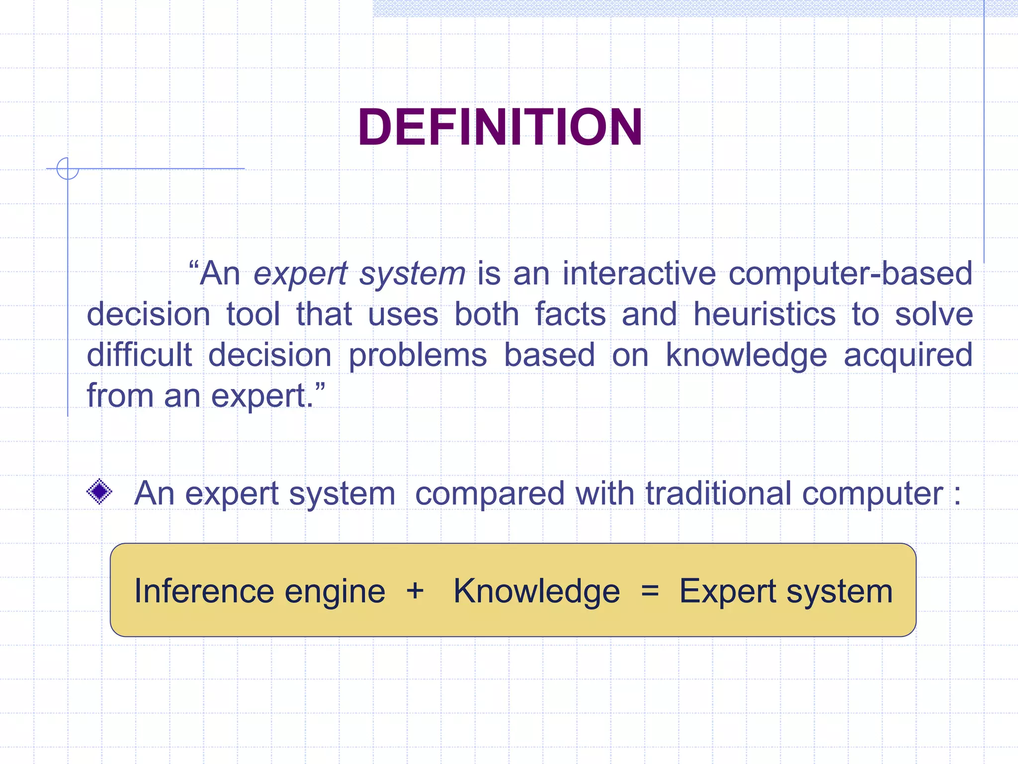 DEFINITION 
“An expert system is an interactive computer-based 
decision tool that uses both facts and heuristics to solve 
difficult decision problems based on knowledge acquired 
from an expert.” 
An expert system compared with traditional computer : 
Inference engine + Knowledge = Expert system 
 