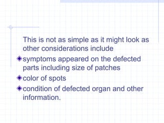 This is not as simple as it might look as 
other considerations include 
symptoms appeared on the defected 
parts including size of patches 
color of spots 
condition of defected organ and other 
information. 
 