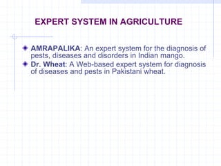 EXPERT SYSTEM IN AGRICULTURE 
AMRAPALIKA: An expert system for the diagnosis of 
pests, diseases and disorders in Indian mango. 
Dr. Wheat: A Web-based expert system for diagnosis 
of diseases and pests in Pakistani wheat. 
 