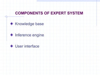 COMPONENTS OF EXPERT SYSTEM 
Knowledge base 
Inference engine 
User interface 
 