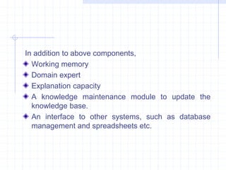 In addition to above components, 
Working memory 
Domain expert 
Explanation capacity 
A knowledge maintenance module to update the 
knowledge base. 
An interface to other systems, such as database 
management and spreadsheets etc. 
 