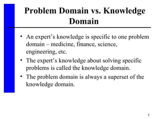 7
Problem Domain vs. Knowledge
Domain
• An expert’s knowledge is specific to one problem
domain – medicine, finance, science,
engineering, etc.
• The expert’s knowledge about solving specific
problems is called the knowledge domain.
• The problem domain is always a superset of the
knowledge domain.
 
