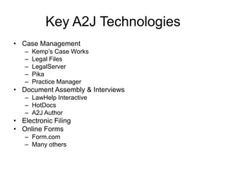 Key A2J Technologies
• Case Management
– Kemp’s Case Works
– Legal Files
– LegalServer
– Pika
– Practice Manager
• Document Assembly & Interviews
– LawHelp Interactive
– HotDocs
– A2J Author
• Electronic Filing
• Online Forms
– Form.com
– Many others
 